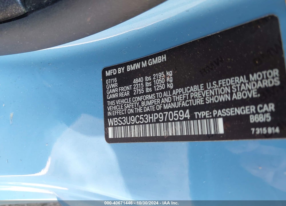 2017 BMW M4 VIN: WBS3U9C53HP970594