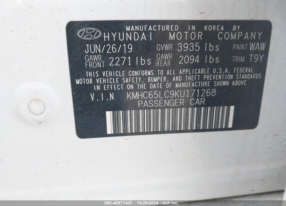 2019 HYUNDAI IONIQ HYBRID BLUE VIN: KMHC65LC9KU171268