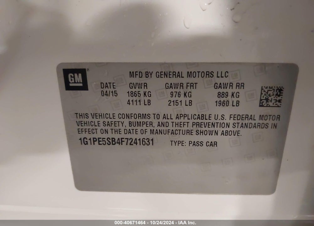 2015 CHEVROLET CRUZE 2LT AUTO VIN: 1G1PE5SB4F7241631