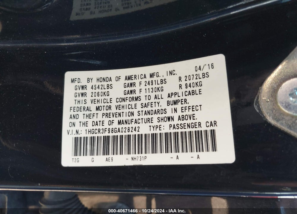 2016 HONDA ACCORD TOURING VIN: 1HGCR3F98GA028242