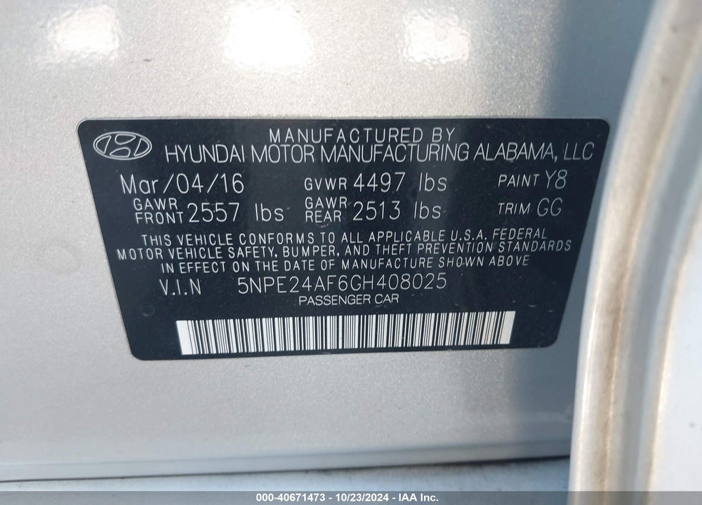 2016 HYUNDAI SONATA SE VIN: 5NPE24AF6GH408025