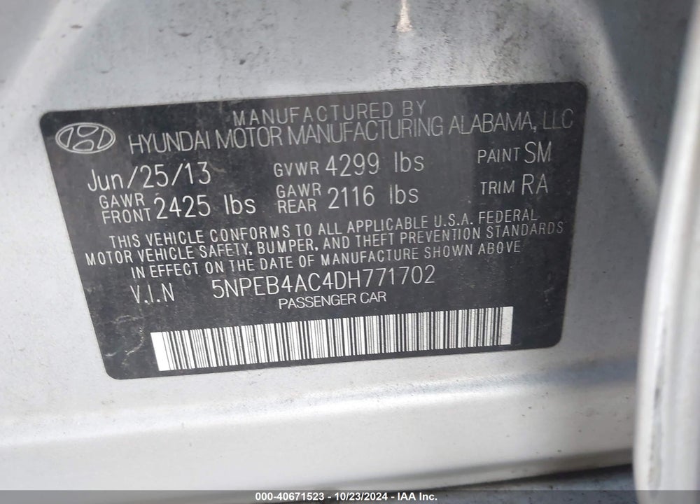 2013 HYUNDAI SONATA GLS VIN: 5NPEB4AC4DH771702