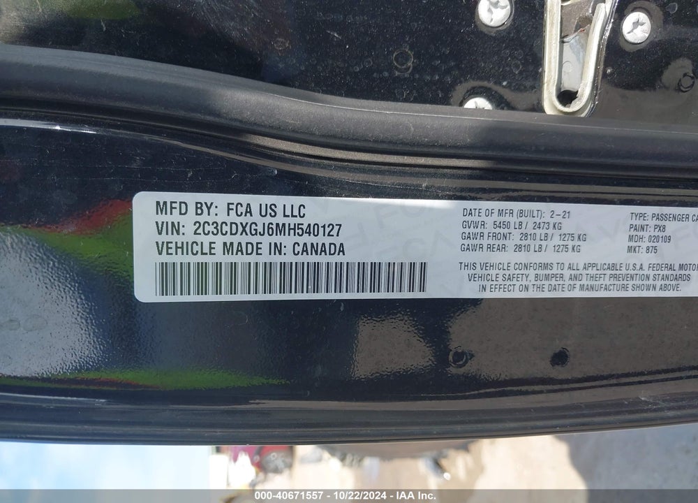 2021 DODGE CHARGER SCAT PACK RWD VIN: 2C3CDXGJ6MH540127
