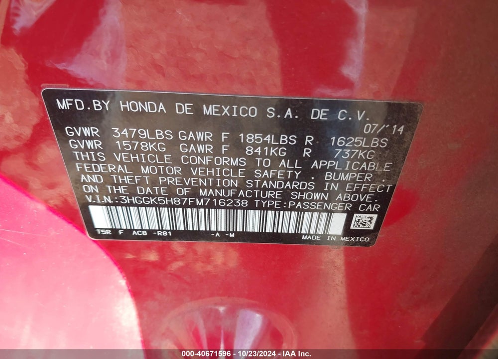 2015 HONDA FIT EX/EX-L VIN: 3HGGK5H87FM716238