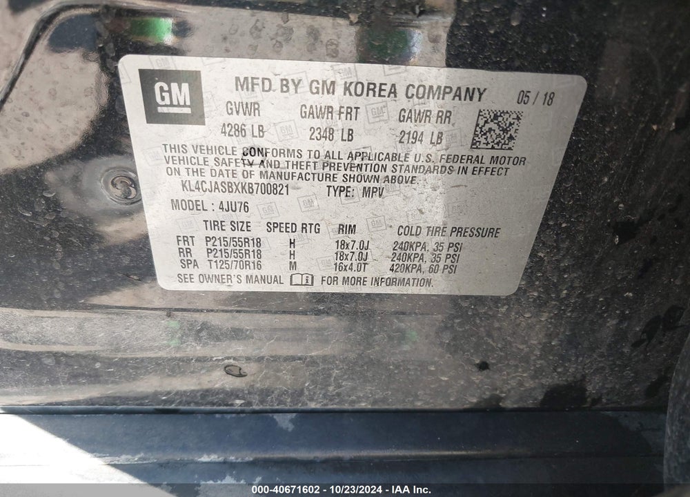 2019 BUICK ENCORE FWD PREFERRED VIN: KL4CJASBXKB700821