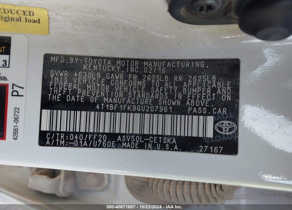 2016 TOYOTA CAMRY SE VIN: 4T1BF1FK9GU207961