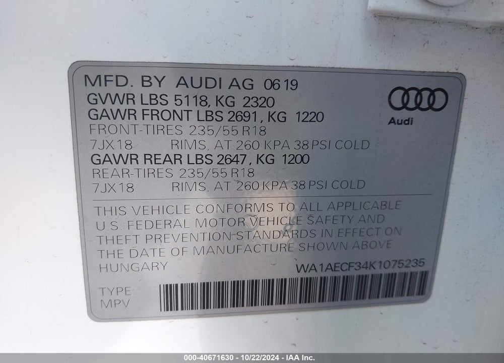 2019 AUDI Q3 2.0T PREMIUM VIN: WA1AECF34K1075235