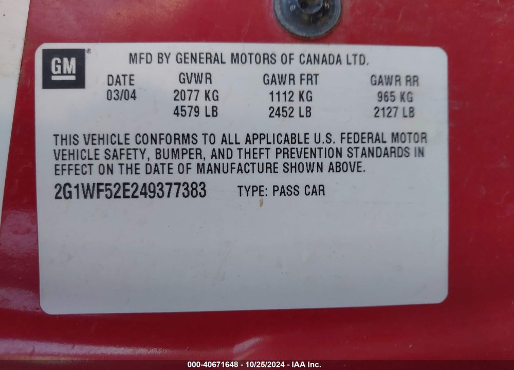 2004 CHEVROLET IMPALA VIN: 2G1WF52E249377383