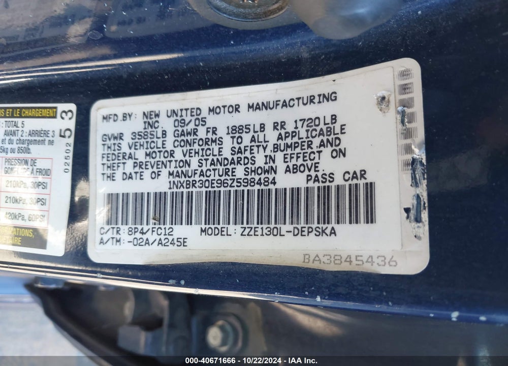 2006 TOYOTA COROLLA S VIN: 1NXBR30E96Z598484