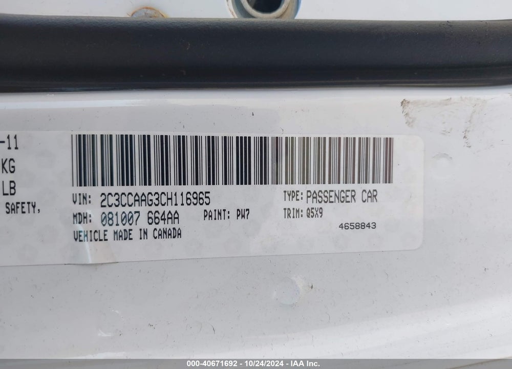 2012 CHRYSLER 300 VIN: 2C3CCAAG3CH116965