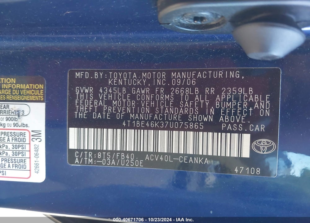 2007 TOYOTA CAMRY LE VIN: 4T1BE46K37U075865