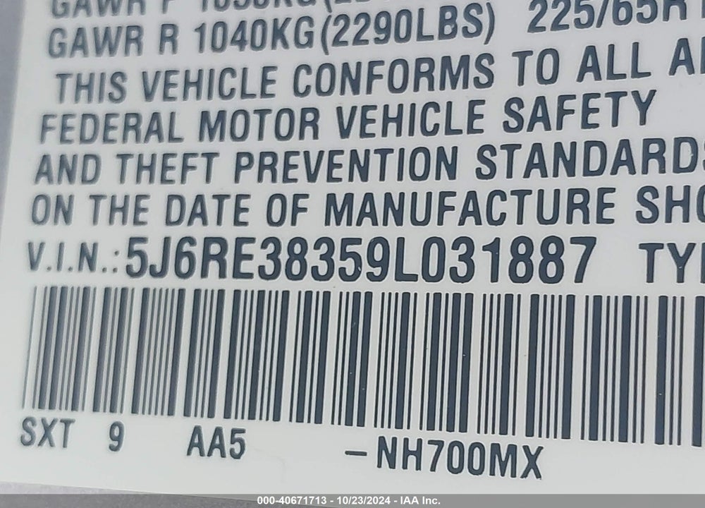 2009 HONDA CR-V LX VIN: 5J6RE38359L031887