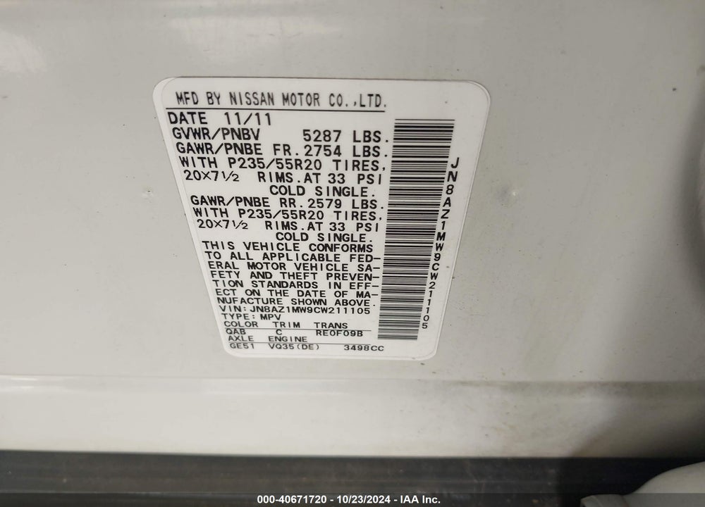 2012 NISSAN MURANO LE VIN: JN8AZ1MW9CW211105