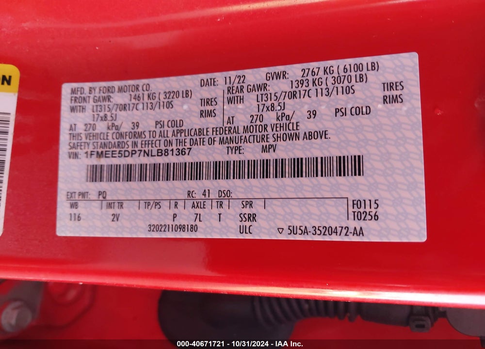 2022 FORD BRONCO OUTER BANKS VIN: 1FMEE5DP7NLB81367