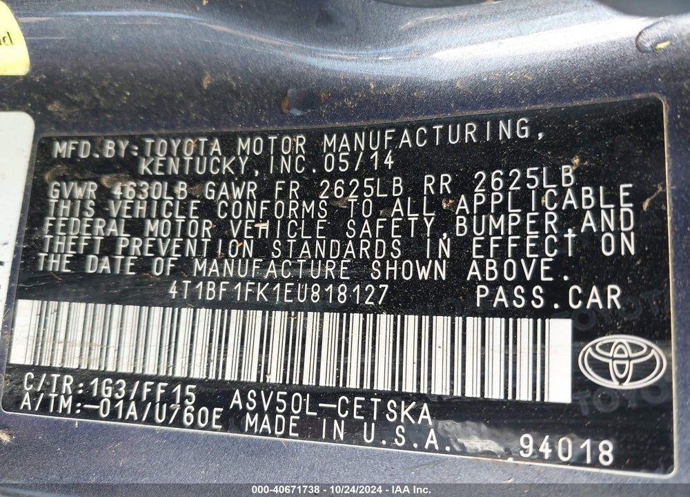 2014 TOYOTA CAMRY SE VIN: 4T1BF1FK1EU818127