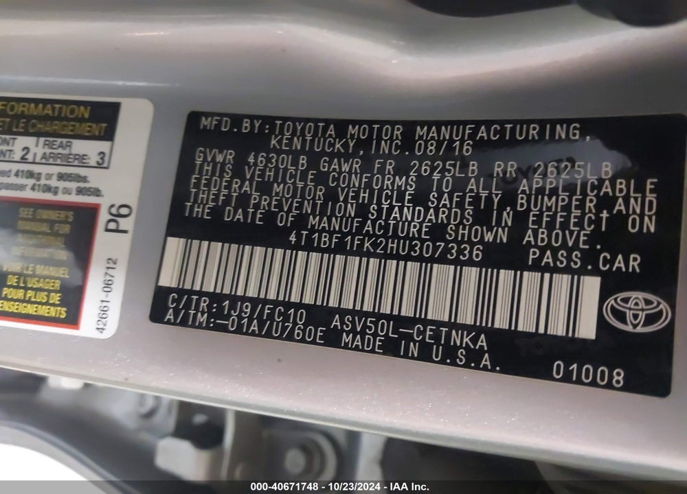2017 TOYOTA CAMRY LE VIN: 4T1BF1FK2HU307336