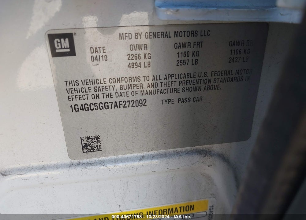 2010 BUICK LACROSSE CXL VIN: 1G4GC5GG7AF272092