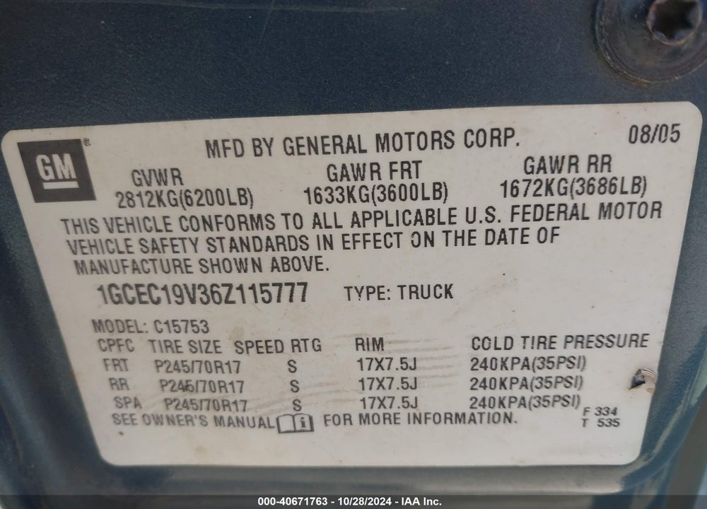 2006 CHEVROLET SILVERADO 1500 VIN: 1GCEC19V36Z115777
