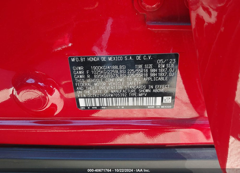 2024 HONDA HR-V 2WD SPORT/2WD SPORT W/O BSI VIN: 3CZRZ1H56RM705392
