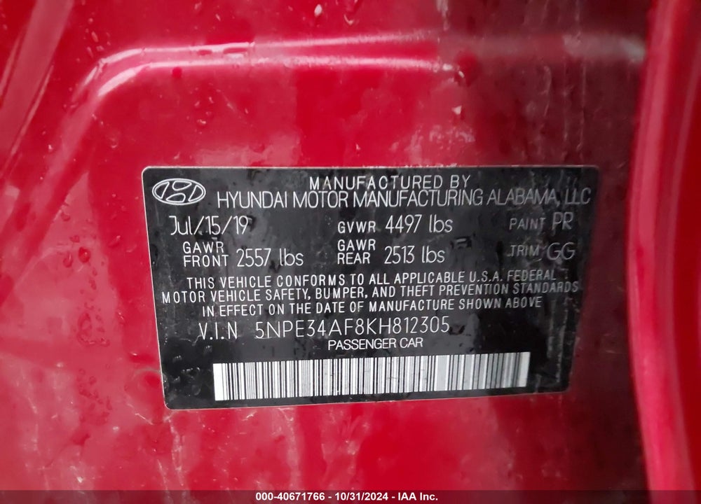 2019 HYUNDAI SONATA SEL VIN: 5NPE34AF8KH812305