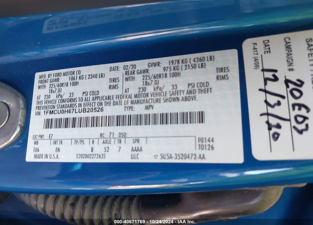 2020 FORD ESCAPE SEL VIN: 1FMCU0H67LUB20526