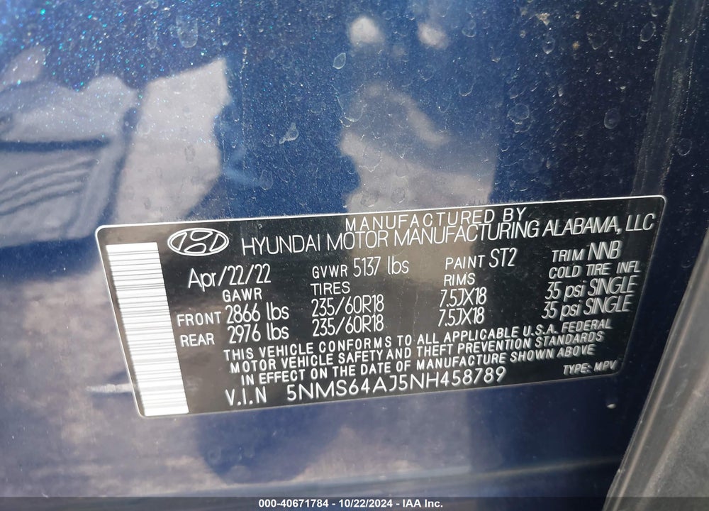 2022 HYUNDAI SANTA FE XRT VIN: 5NMS64AJ5NH458789