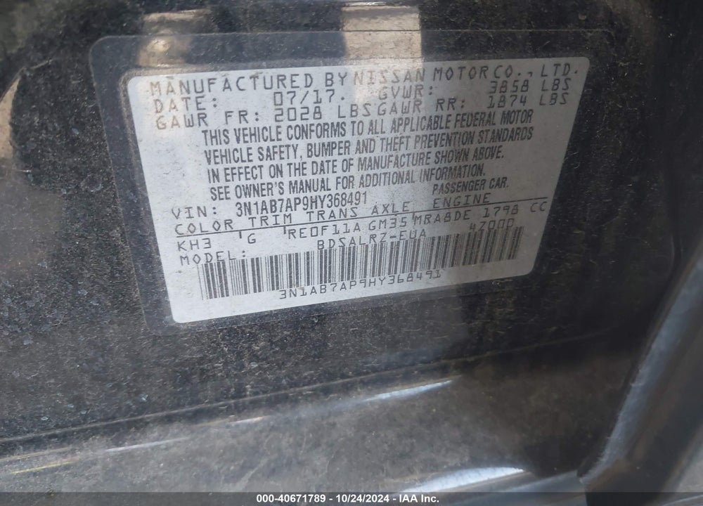 2017 NISSAN SENTRA SR VIN: 3N1AB7AP9HY368491