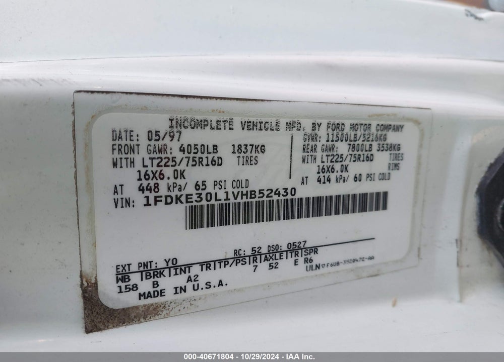 1997 FORD ECONOLINE E350 CUTAWAY VAN VIN: 1FDKE30L1VHB52430