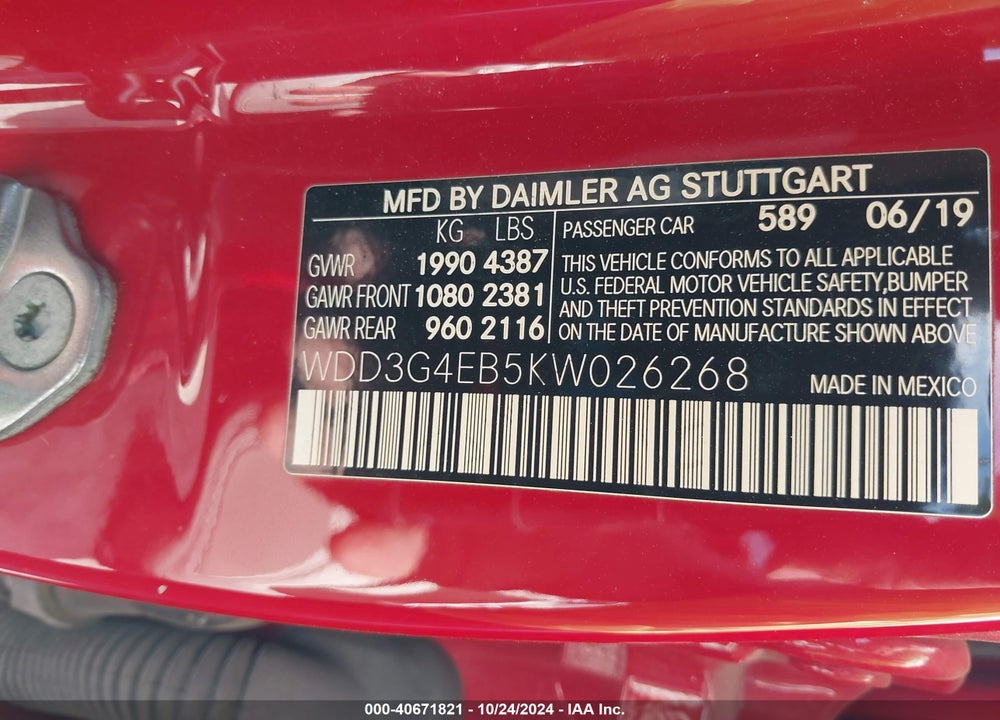 2019 MERCEDES-BENZ A 220 VIN: WDD3G4EB5KW026268