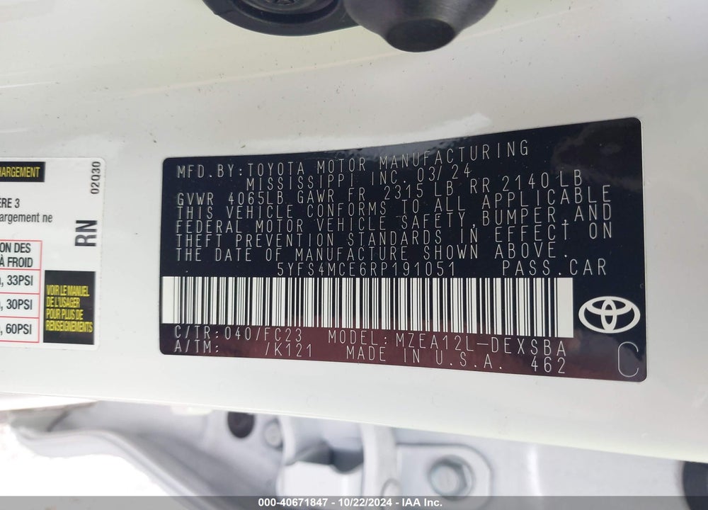 2024 TOYOTA COROLLA SE VIN: 5YFS4MCE6RP191051