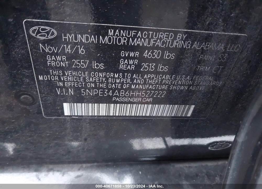 2017 HYUNDAI SONATA SPORT 2.0T VIN: 5NPE34AB6HH527222