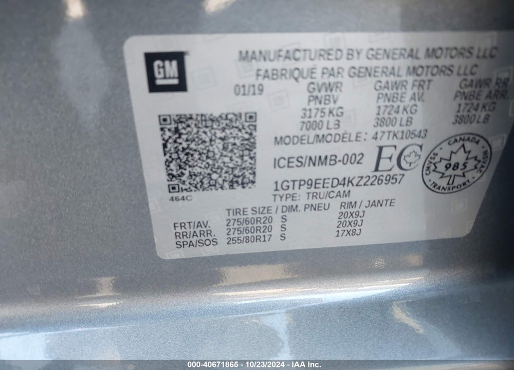 2019 GMC SIERRA 1500 AT4 VIN: 1GTP9EED4KZ226957