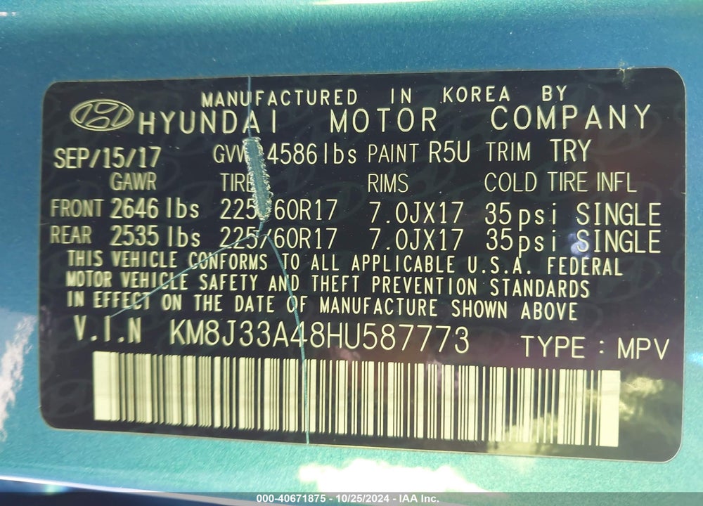 2017 HYUNDAI TUCSON SE VIN: KM8J33A48HU587773