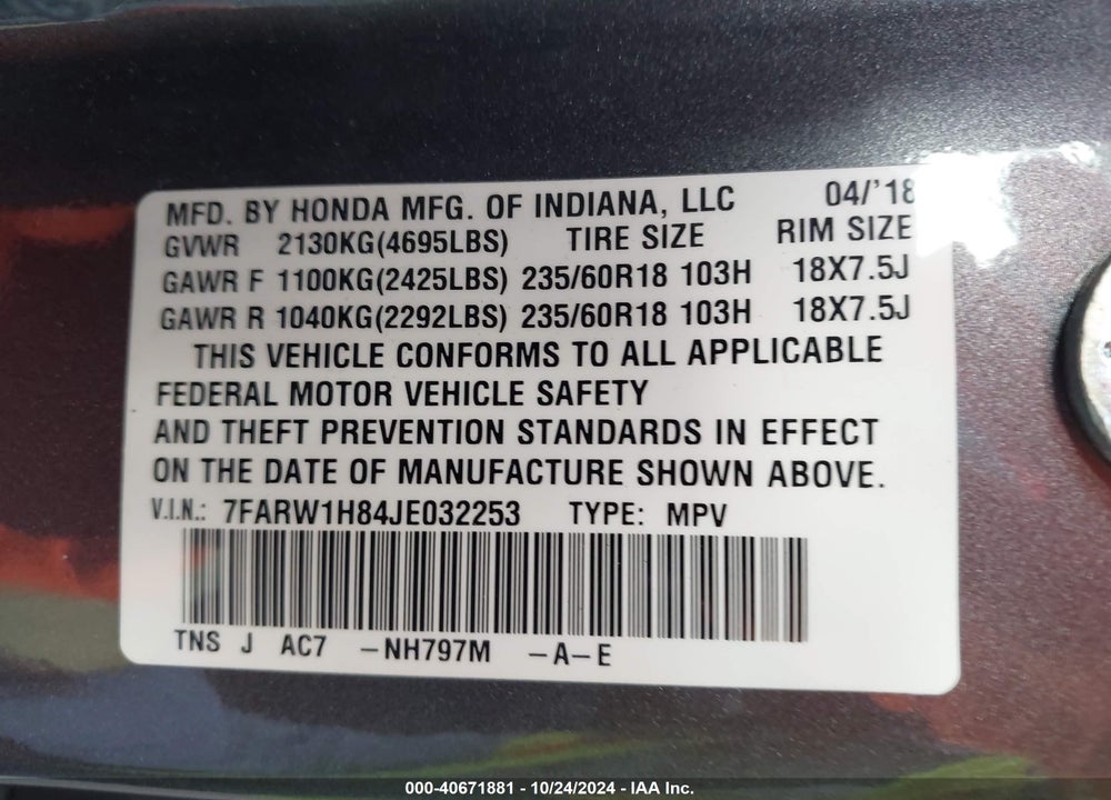 2018 HONDA CR-V EX-L/EX-L NAVI VIN: 7FARW1H84JE032253