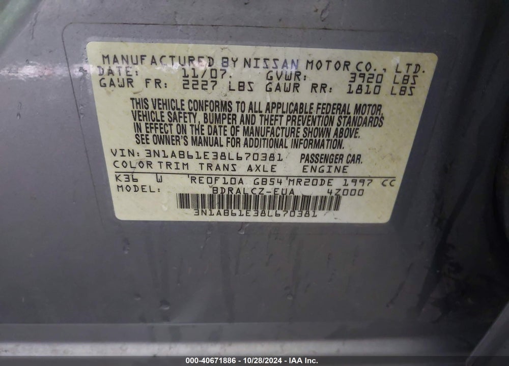 2008 NISSAN SENTRA 2.0 VIN: 3N1AB61E38L670381