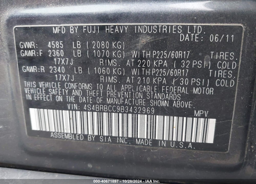 2011 SUBARU OUTBACK 2.5I PREMIUM VIN: 4S4BRBCC9B3432969