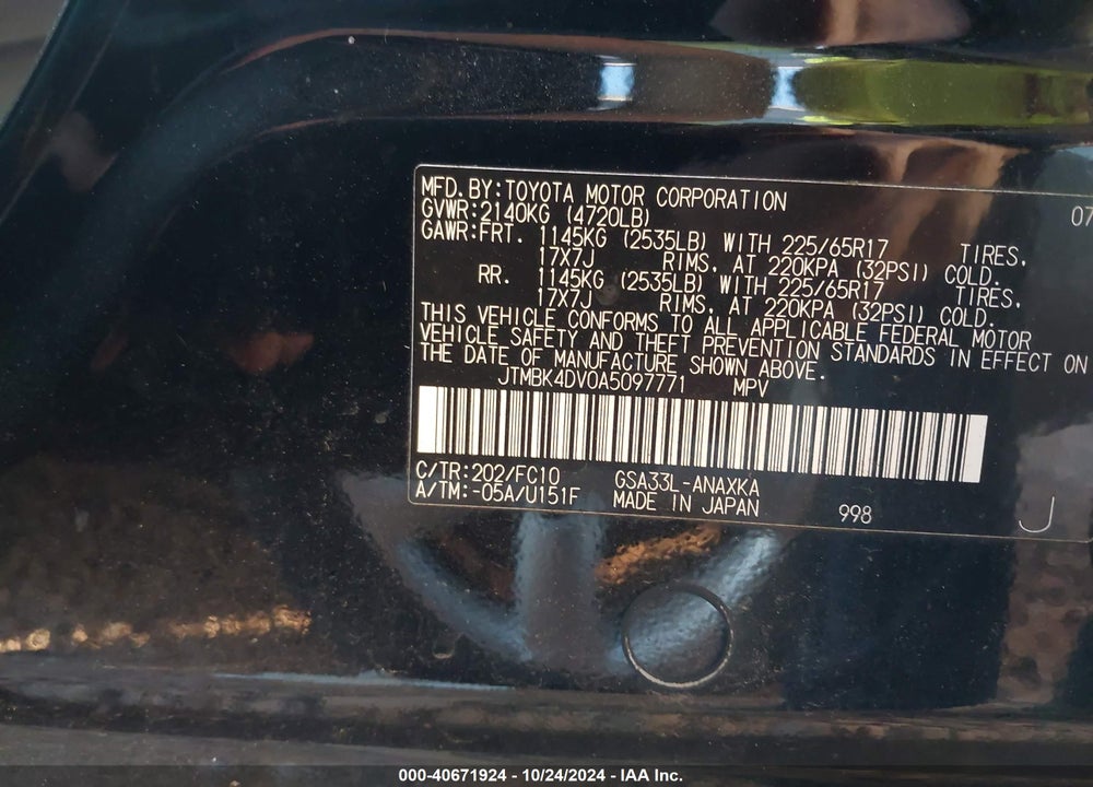 2010 TOYOTA RAV4 BASE V6 VIN: JTMBK4DV0A5097771