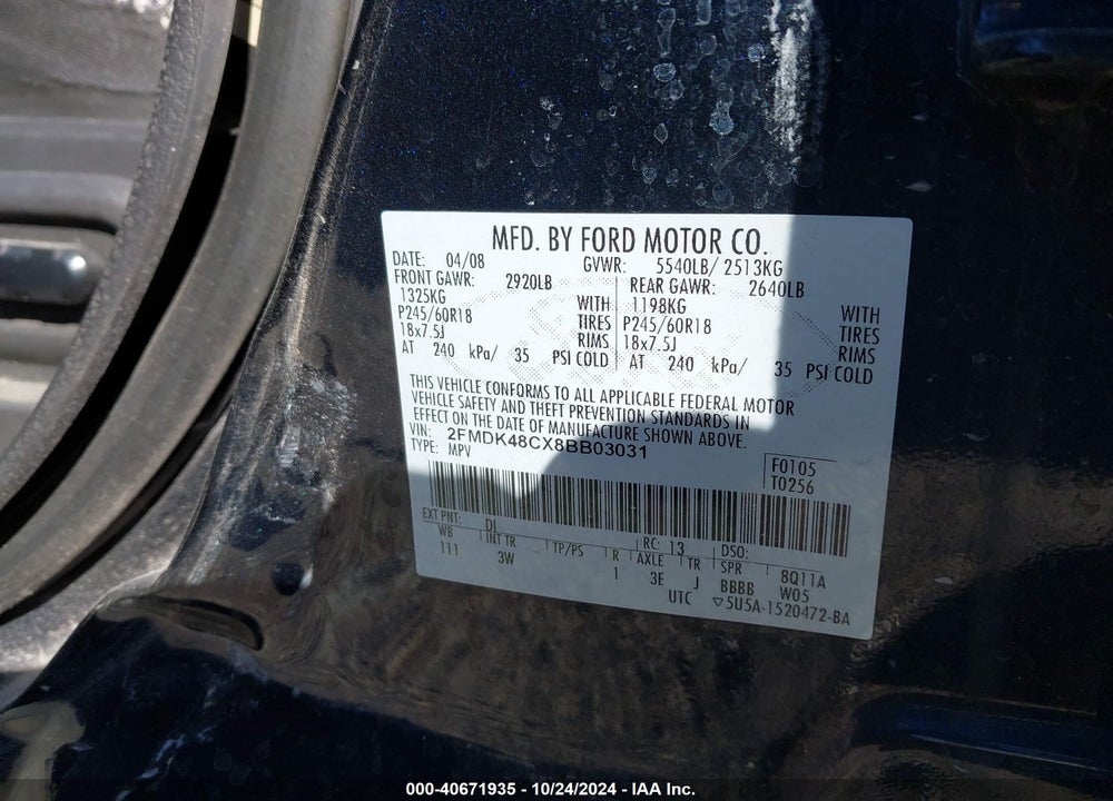 2008 FORD EDGE SEL VIN: 2FMDK48CX8BB03031
