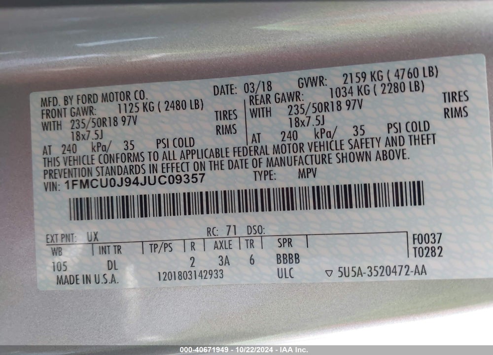 2018 FORD ESCAPE TITANIUM VIN: 1FMCU0J94JUC09357