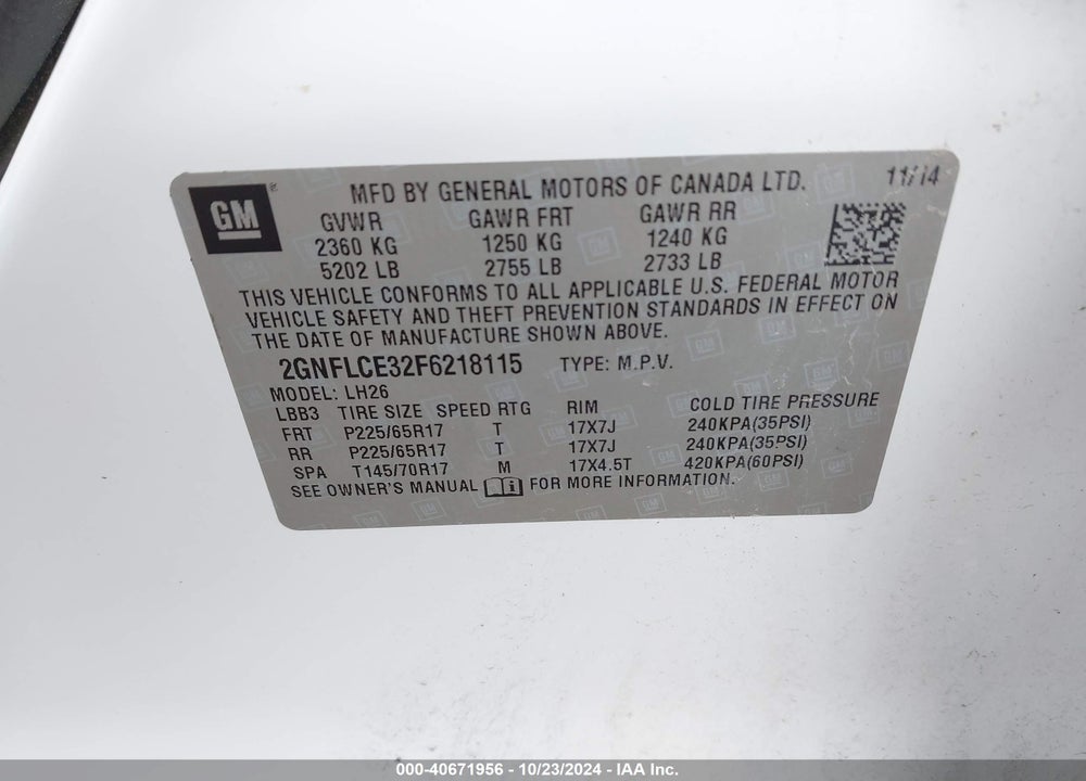 2015 CHEVROLET EQUINOX 2LT VIN: 2GNFLCE32F6218115