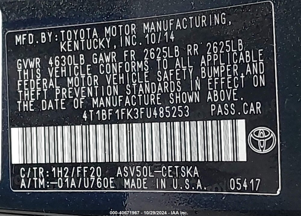 2015 TOYOTA CAMRY SE VIN: 4T1BF1FK3FU485253