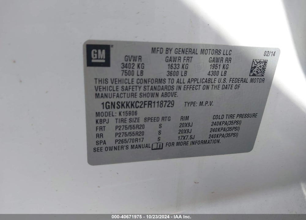 2015 CHEVROLET SUBURBAN 1500 LTZ VIN: 1GNSKKKC2FR118729