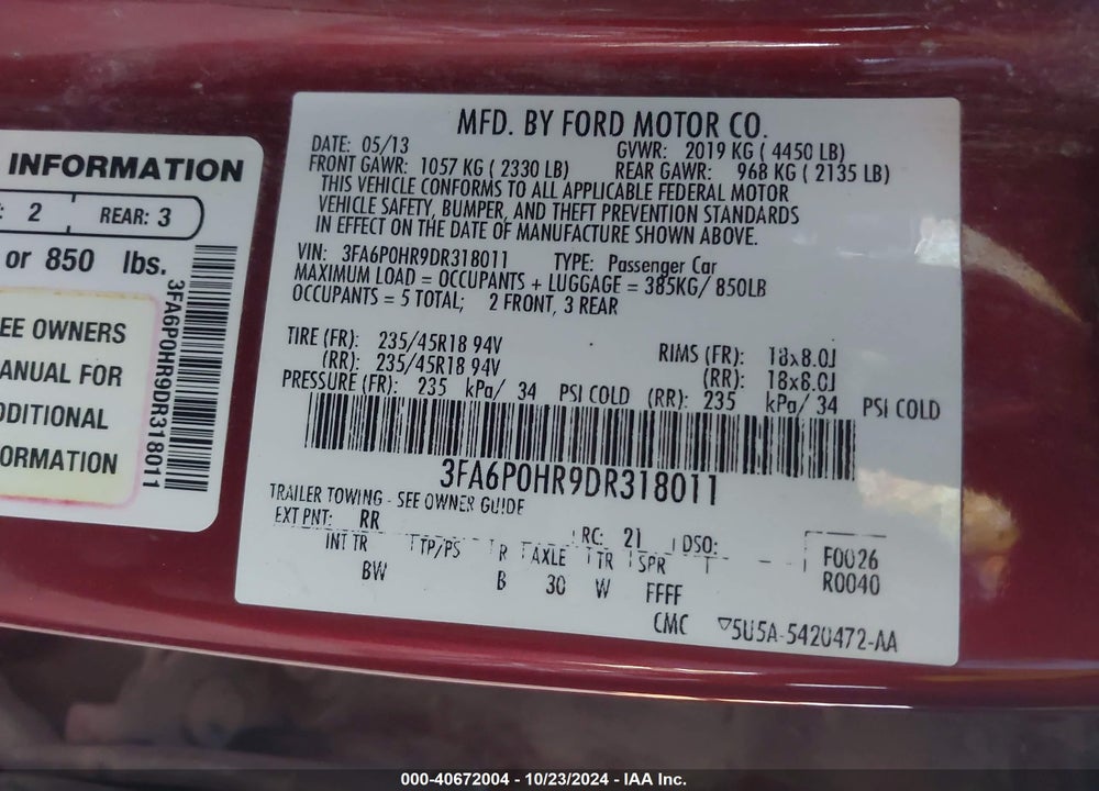 2013 FORD FUSION SE VIN: 3FA6P0HR9DR318011