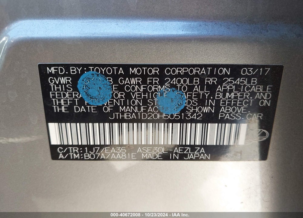 2017 LEXUS IS 200T VIN: JTHBA1D20H5051342