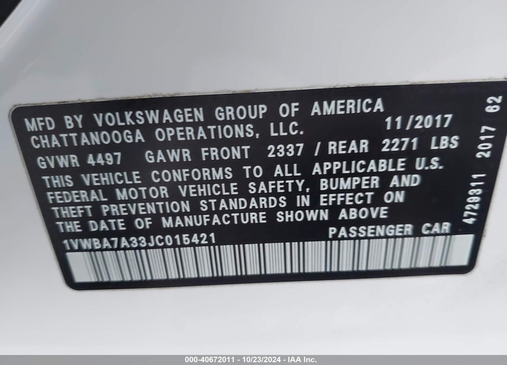 2018 VOLKSWAGEN PASSAT 2.0T SE VIN: 1VWBA7A33JC015421