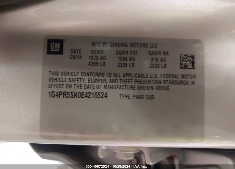 2014 BUICK VERANO CONVENIENCE GROUP VIN: 1G4PR5SK0E4216524
