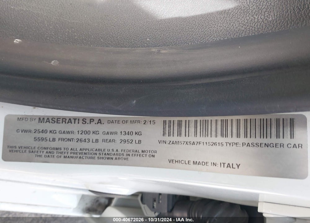 2015 MASERATI GHIBLI VIN: ZAM57XSA7F1152615