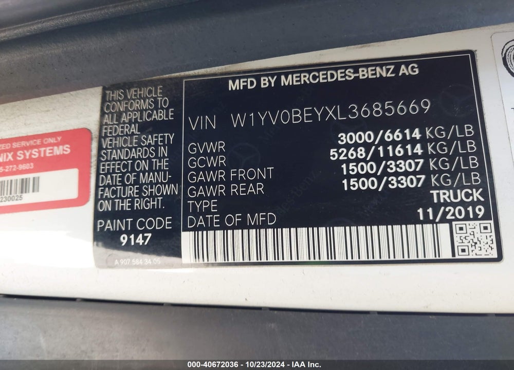 2020 MERCEDES-BENZ METRIS VIN: W1YV0BEYXL3685669