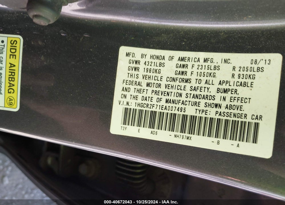 2014 HONDA ACCORD EX VIN: 1HGCR2F71EA007495