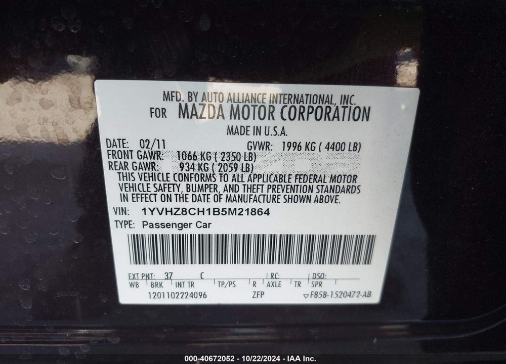 2011 MAZDA 6 I TOURING VIN: 1YVHZ8CH1B5M21864